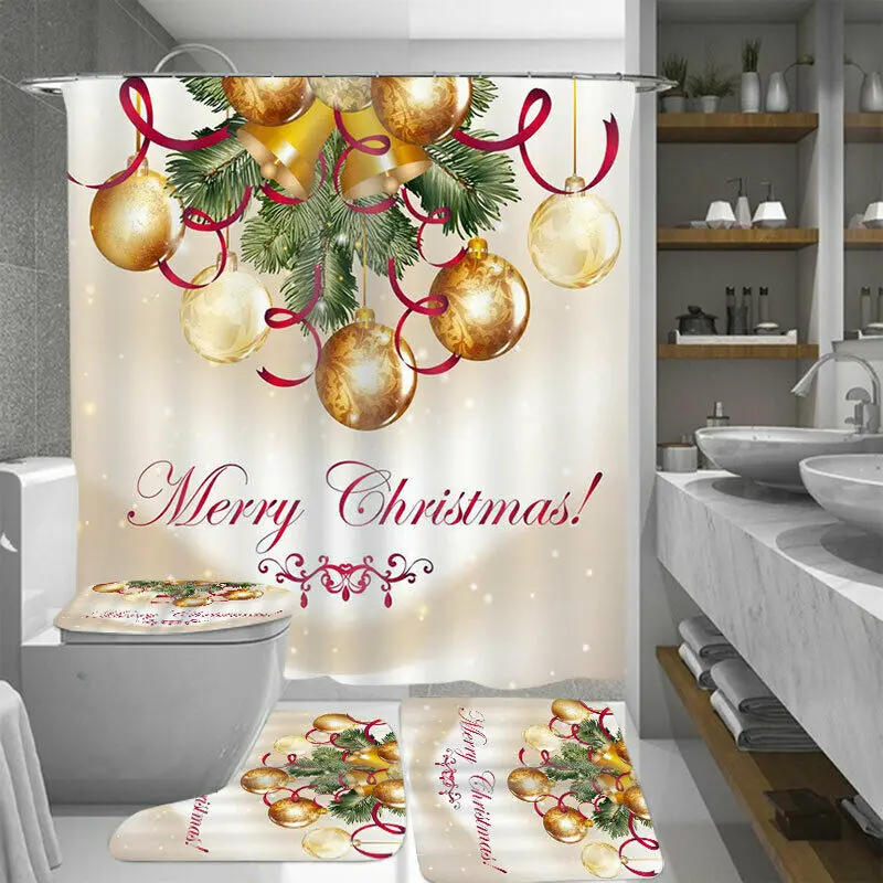 

Hot New 4Pcs Modern Bathroom Christmas Shower Curtain Mat Set Toilet Cover Bath Curtain