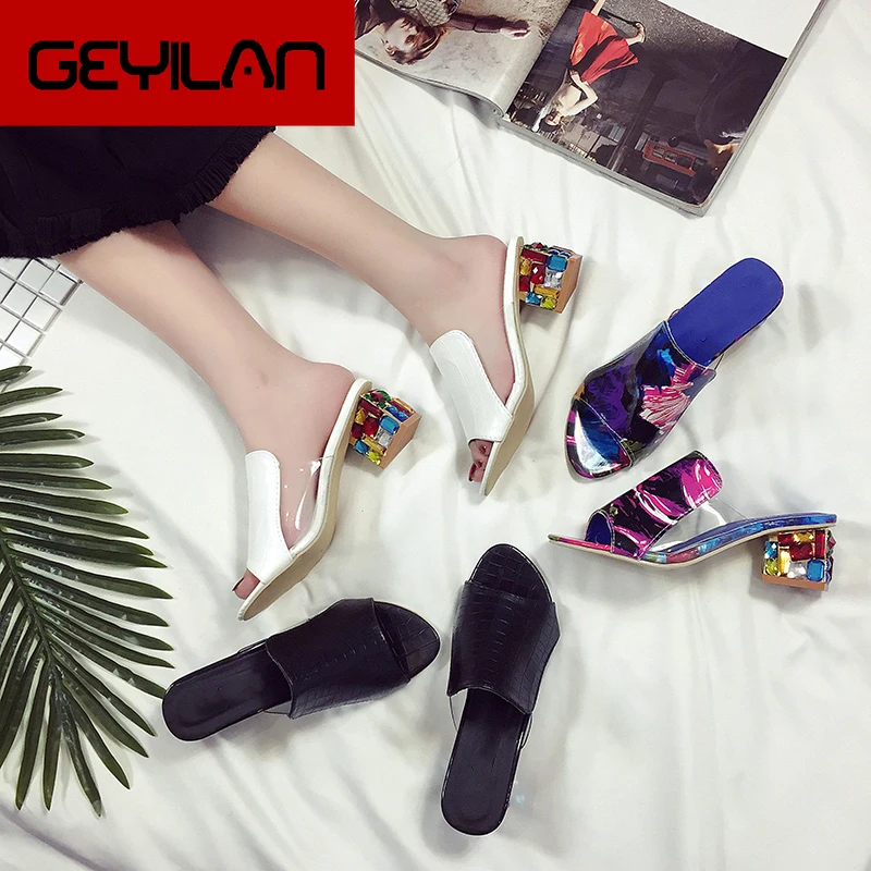 

2019 brand Big size 41 elegant crystals chunky Heels Summer women's Shoes Woman Sandals leisure Shoes women slippers
