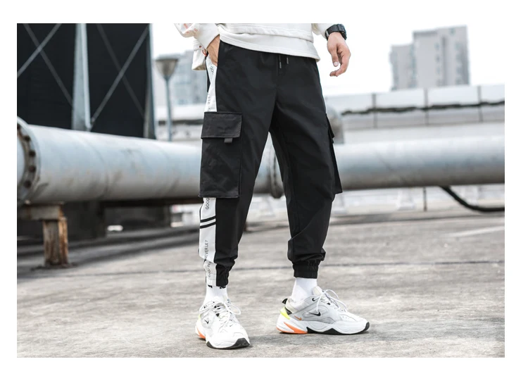 Autumn Men's Cargo pants polyester loose Big pocket fashion pants men Stitching printing jogging comfortable casual trousers
