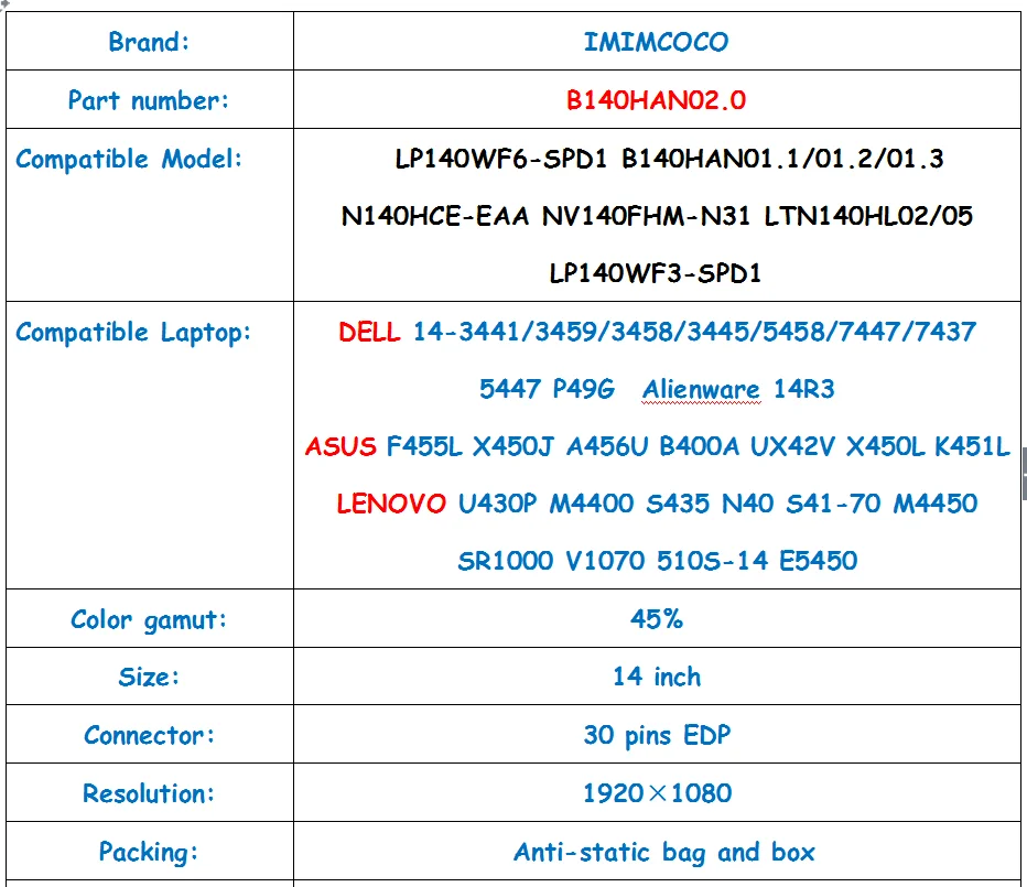 Экран FHD с ips экран ноутбука B140HAN02.0 подходит LP140WF6-SPC1/D3/B1/B6/C2/B3 для DELL 14-3441/3459/3458/3445/5458/7447/7437 5447 P49G