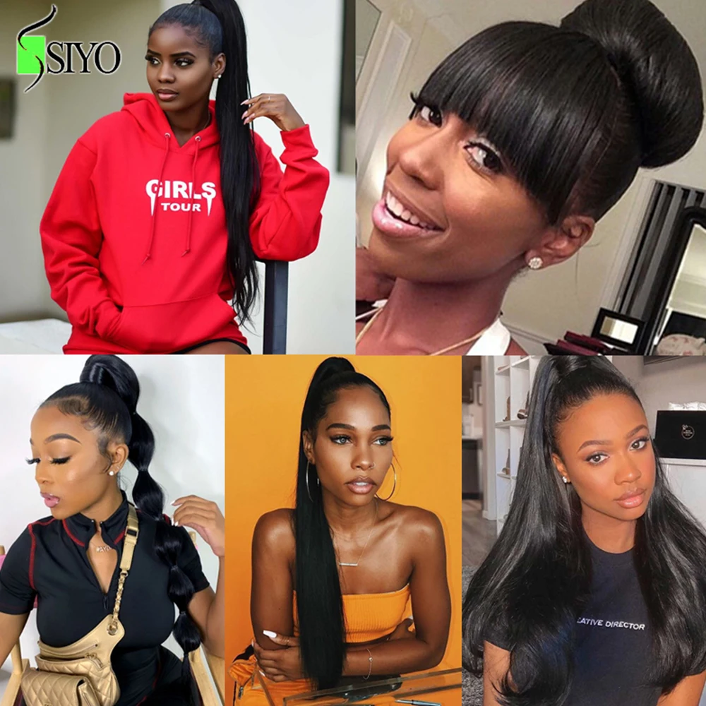 Rabo de Cavalo Remy em Linha Extensões de Cabelo para Preto Feminino em Linha Siyo Peruano Reta Cabelo Humano Pônei Cauda Cordão 1 humano remy em linha reta pônei cauda