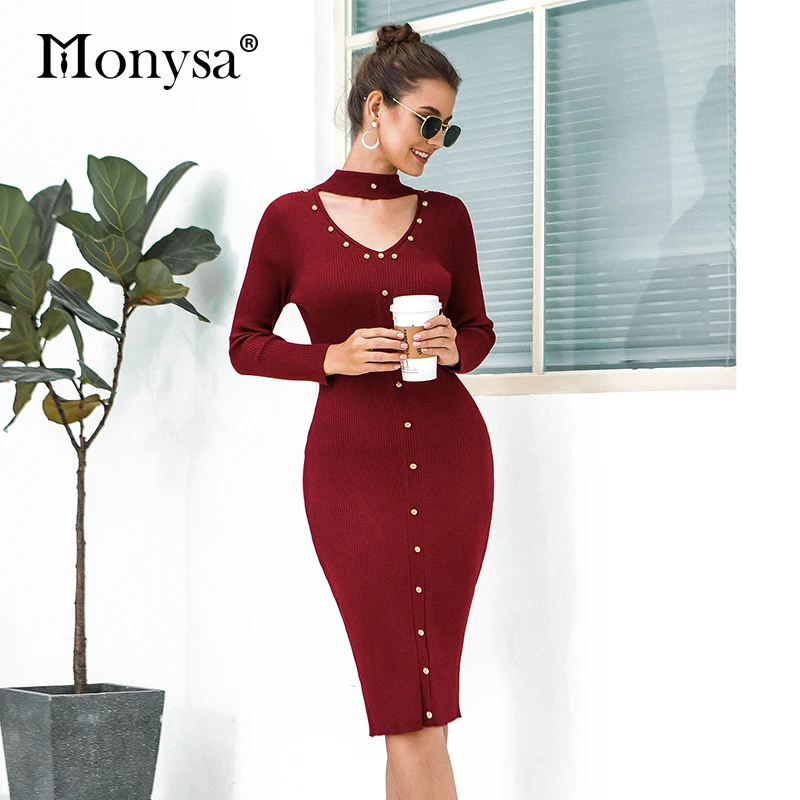 Вязаное женское платье-свитер новинка 2019 с заклепками длинным рукавом бодикон