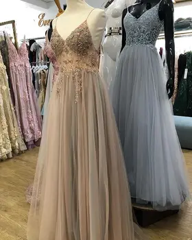 

Evening Dresses Long A Line Sexy Split Deep V Neck Sleeveless Floor Length For Women Handmake Beading Formal Prom Party Gowns