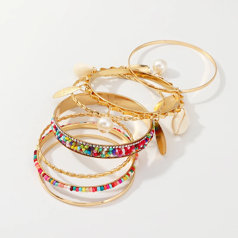 Женские золотые рисовые бусины из ракушек браслет семи частей набор нержавеющей