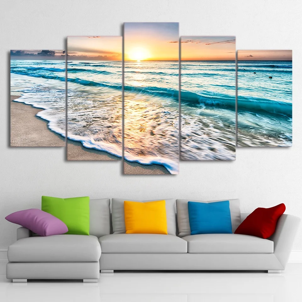 

5 Pieces Seascape Sunset Beach Sea Wave Poster Living Room HD Printed Canvas Painting Wall Art Frame Home Decor Pictures