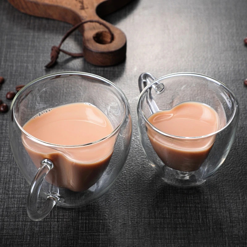 240ML Heart Love Shaped Glass Mug Couple Cups Double Wall Cup Heat-Resisting Tea Beer Mugs Milk Coffee Gift Drinkware | Дом и сад