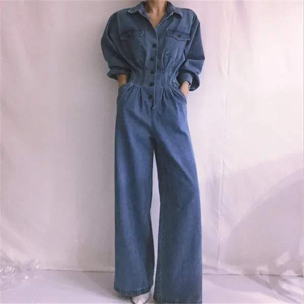 RUGOD джинсовый комбинезон с отложным воротником, сборная Талия, широкие ноги, одежда с длинным рукавом, Комбинезоны для женщин, мода - Цвет: Синий