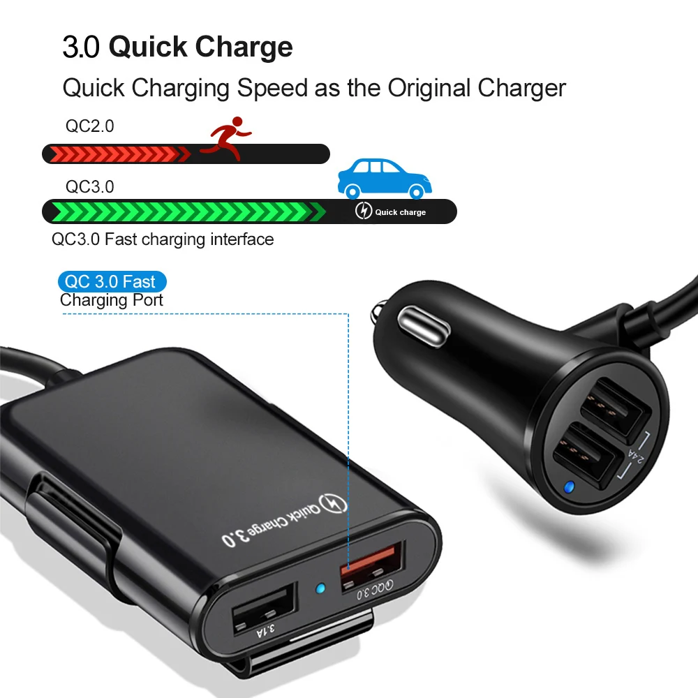 Автомобильное зарядное устройство USB быстрое QC 3 0 4 порта автомобильное для