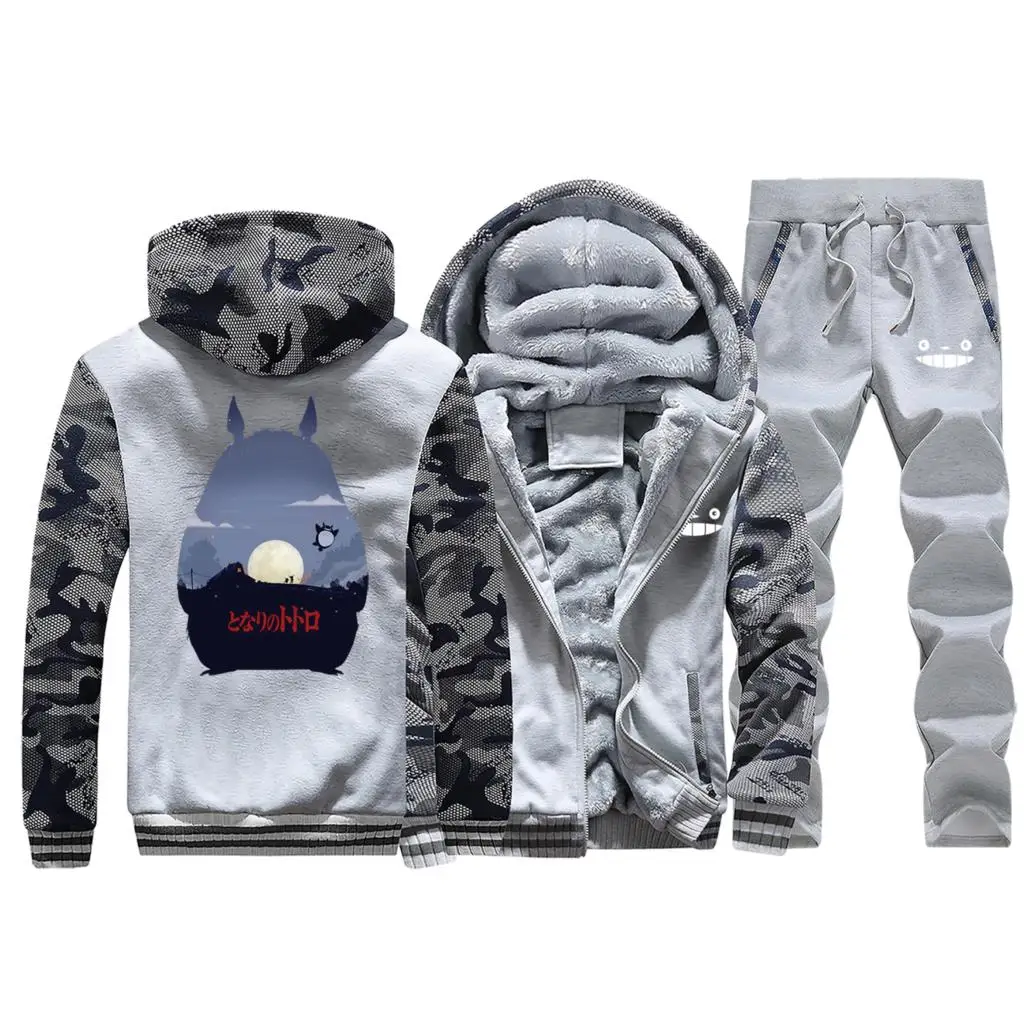 Light Gray Tonari No Totoro принт аниме спортивный костюм из плотного флиса толстовки мужские s куртка на молнии+ Брюки комплекты из 2 предметов мужские толстовки Зимний теплый костюм - Цвет: Light Gray