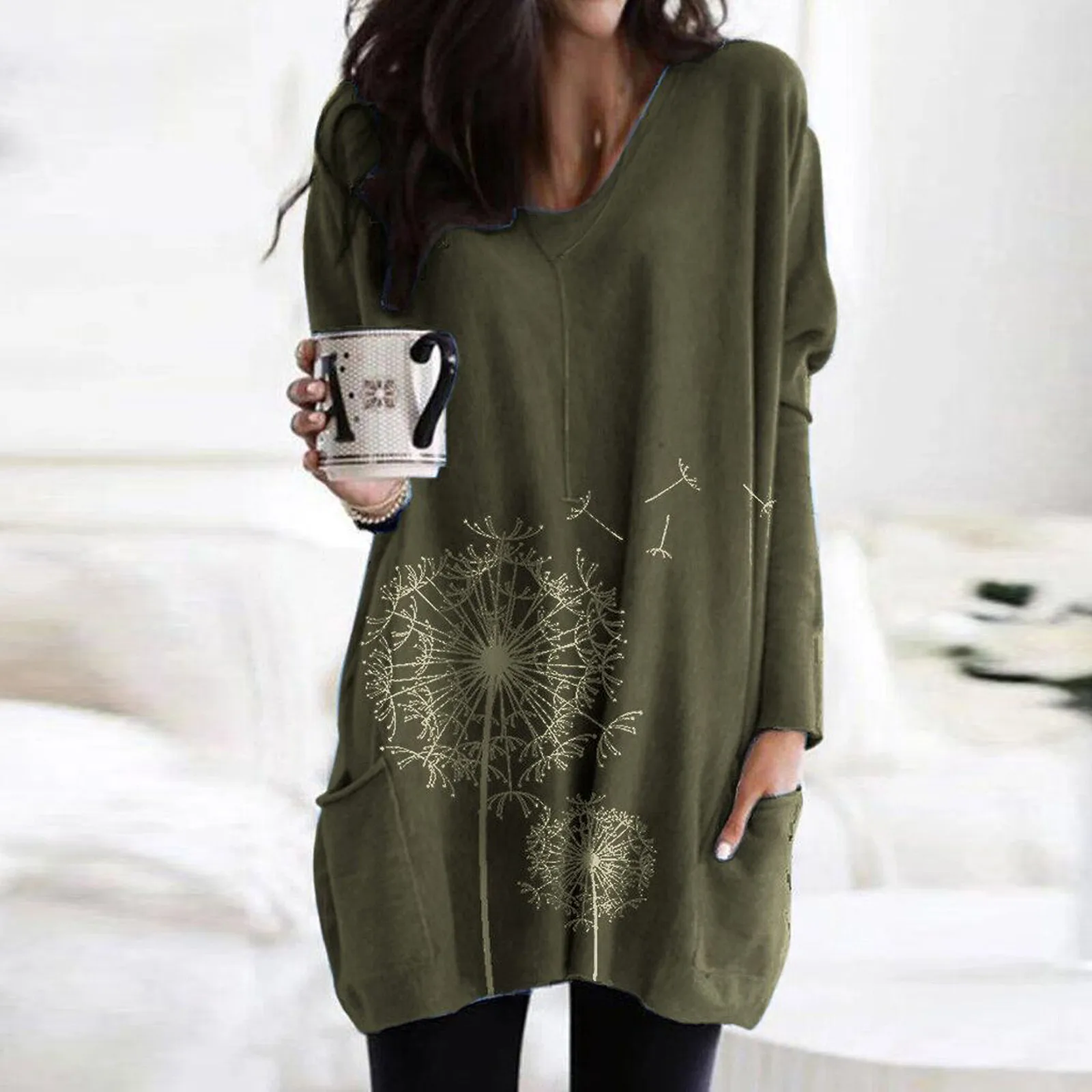 2021 Women's Blouse Fashion Casual Versatile Printed Multicolor Pocket O-neck Blouse Vetement Femme 2