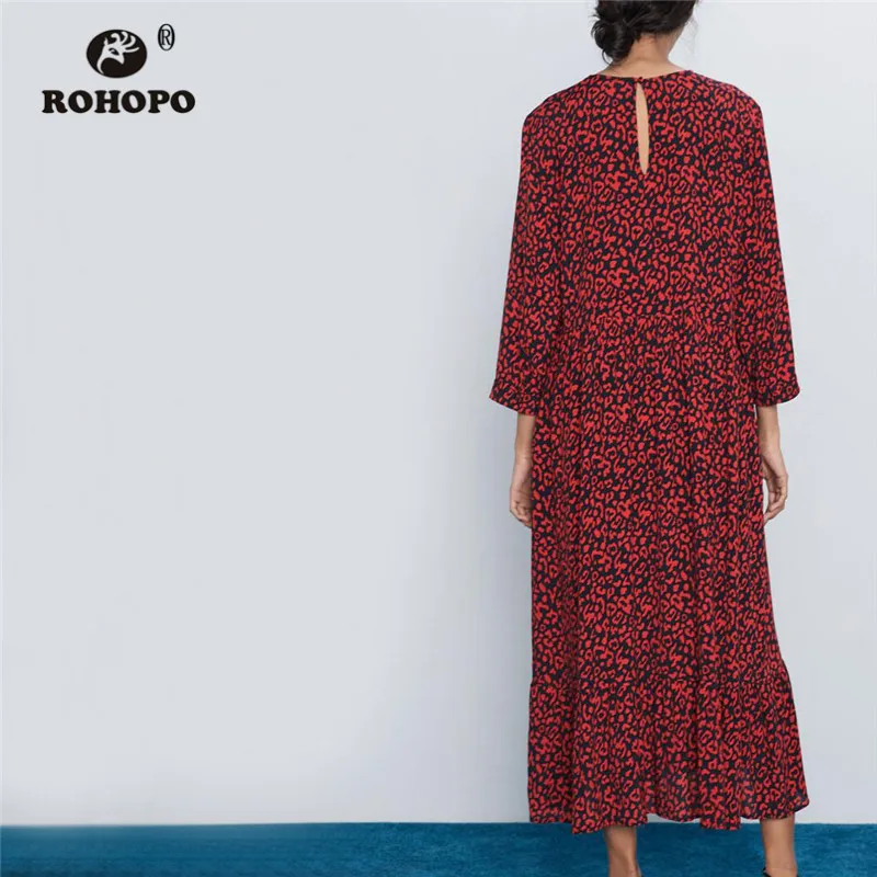 ROHOPO, круглый воротник, красный принт с животными, длинный рукав, черное платье миди, многослойное Плиссированное Платье#9777