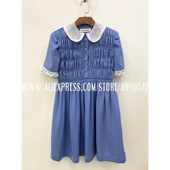 

2020 Spring Summer Women's Lace stitching doll collar Dress Vintage Short Sleeve Retro Dress High Quality Flash button Dress