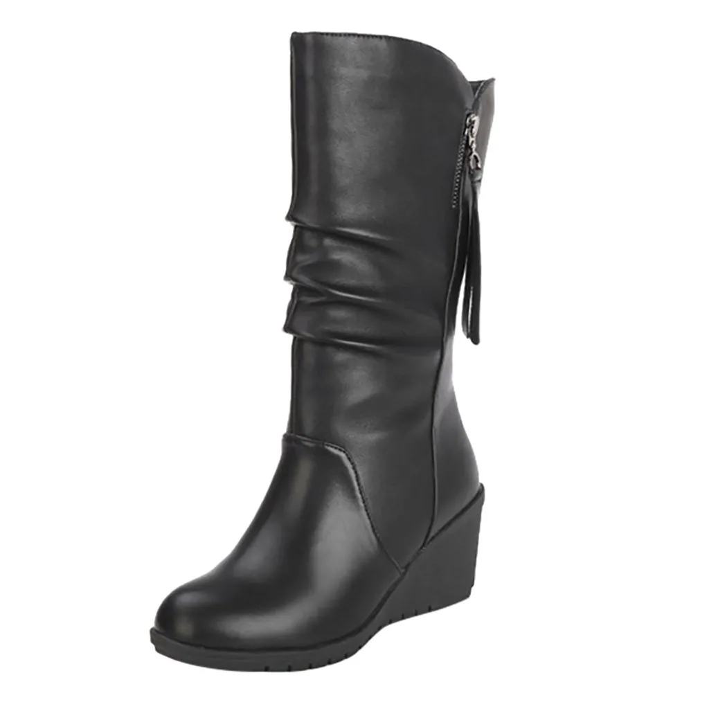 JACOSIN New Fashion Woman Long Boots Female Winter High Quality Pu leather Wedges Boot Ladies Rounded Toe Tessel Calf High Boots