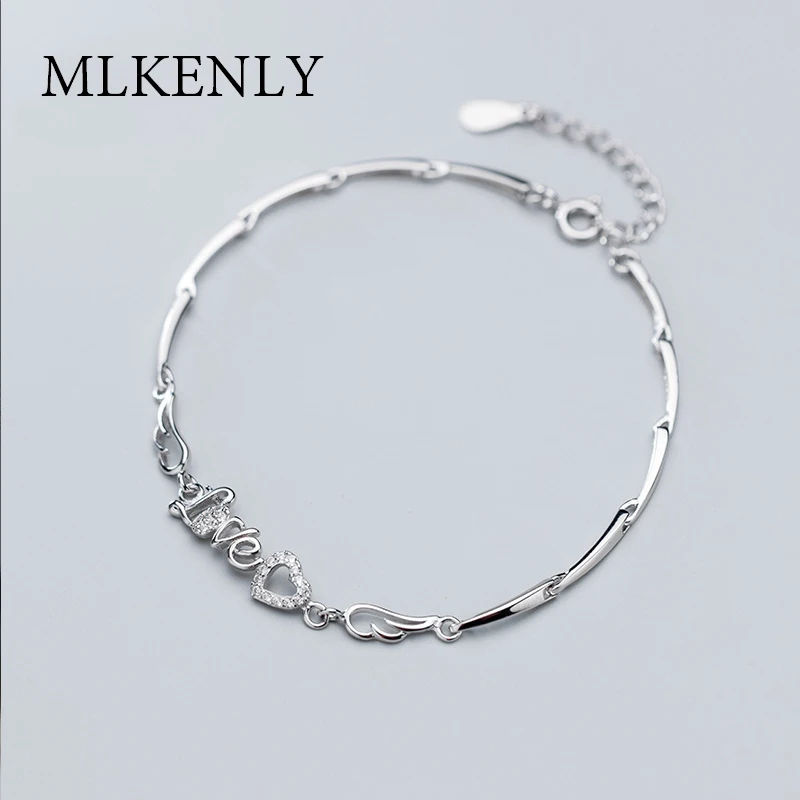 MLKENLY подлинное серебро 925 пробы в форме сердца любовь письмо CZ Кристалл выдолбленные крылья браслет для женщин GF подарки на день рождения