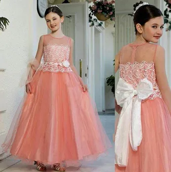 

Pretty Princess Dress with Bow Sheer Jewel Neck Zipper Back Customized Flower Girl Dress For Wedding Kids Birthday Party Gowns