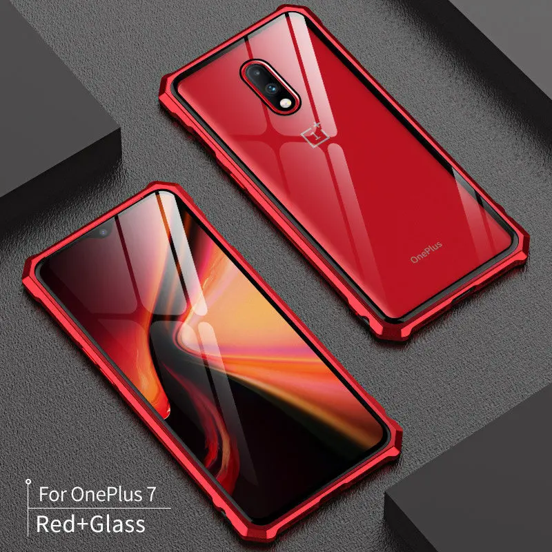 Red Броня металлический каркас чехол для Oneplus 7 Pro Чехол ударопрочный 9H закаленное стекло Жесткий Чехол для OnePlus 7 Pro 360 Полное стекло крышка Капа - Цвет: Red