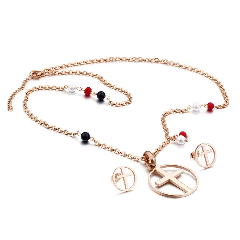 

Shining Stainless Steel Cross Design Women Gift Gold Rose Gold Silver Color Necklace and Earrings Crucifix Jewelry Set
