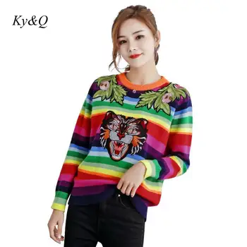 

Brand Luxury 2019 Winter Women Tiger Head Flower Embroidery Rainbow Striped Loose Pullover Knit Sweater Christmas Clothes