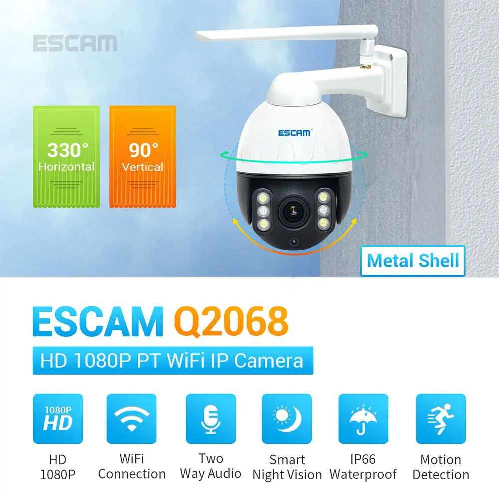 ESCAM Q2068 1080P панорамирование/наклон Wi-Fi Водонепроницаемая ip-камера с поддержкой ONVIF двусторонняя связь ночного видения с металлическим корпусом