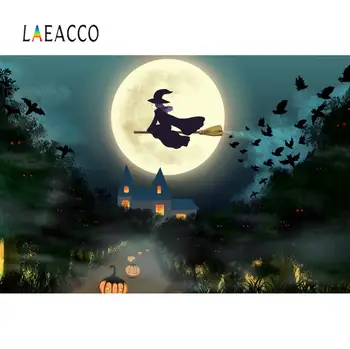 

Laeacco Halloween Party Decor Background Pumkin Castle Forest Moon Night Witch Broom Bat Photography Backdrop For Photo Studio