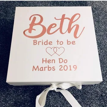 

Personalised Bride To Be Hen Do Gift Box, White Ribbon Box, Interlocked Heart Design, Bride To Be Gift Hen Do Keepsake Present