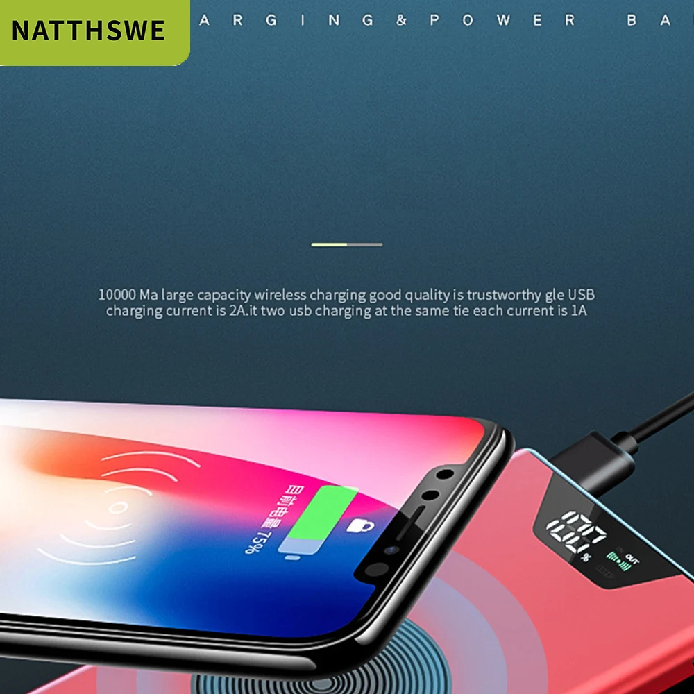 Портативное зарядное устройство NATTHSWE 10000 мА/ч внешний аккумулятор двойной USB