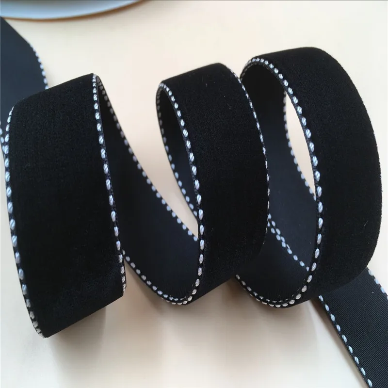 

5yards Lot 1" 2.5CM 25MM Black Velvet Ribbon with white stitches for gift hair ribbons bows Garments DIY Accessory