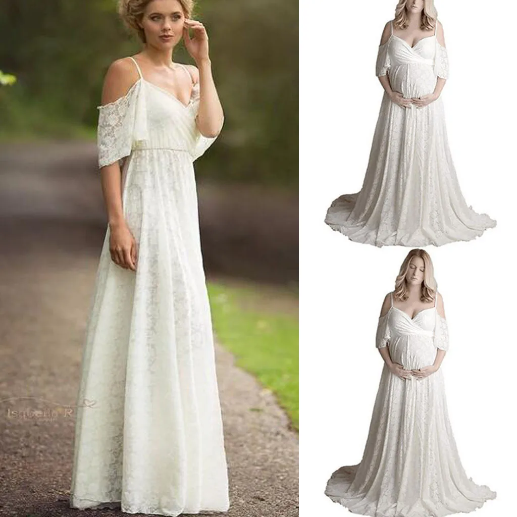 maternity solid white lace off shoulder dress