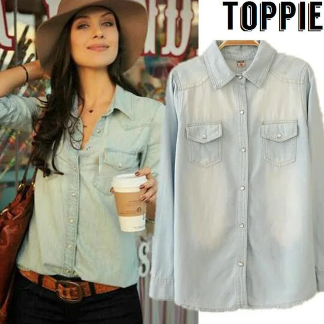 US $11.69 2020 Women Denim Shirts Jeans Shirt with Pockets Causal Denim Blouse for Women tops female chemise 