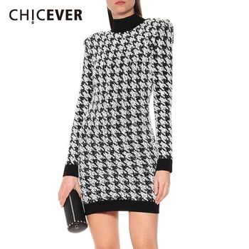 

CHICEVER Patchwork Sequined Dress For Women Turtleneck Long Sleeve High Waist Tassel Zipper Dresses Female 2020 Autumn Fashion