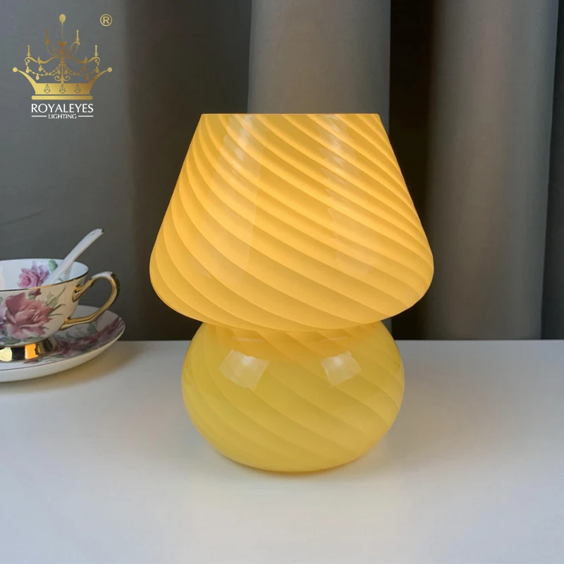 Glass LED Desk Lamp For Bedroom Bedside Korean Modern ​Striped Mushroom Table Lamp Decor Cute Glass Translucent Bedside Lamp