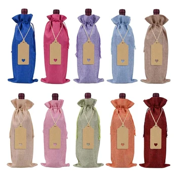 

Burlap Wine Bags Wine Gift Bags with Drawstrings, Single Reusable Wine Bottle Covers with Ropes and Tags(10 Pcs)