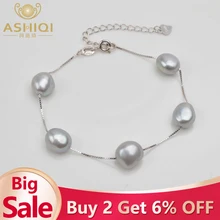 ASHIQI из натуральной 925 пробы серебряный браслет 9-10 мм белый серый натуральный пресноводный барочный жемчуг ювелирные изделия для женщин
