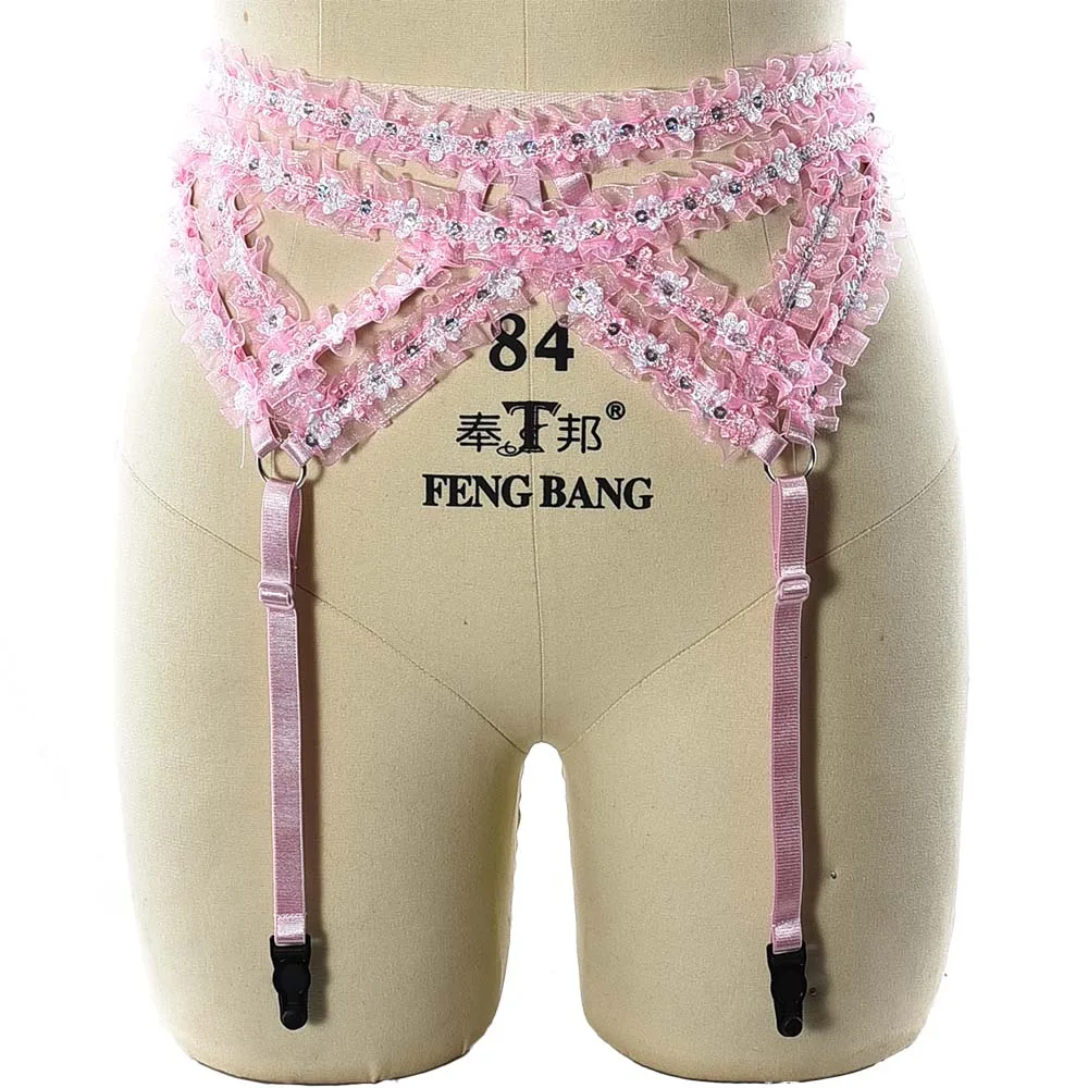 Pink Bow Mesh Body Harness Bra Women Hollow Wedding Garter Belt Bondage Stockings Harness Cage Bra Elastic Sexy Lingerie Set
