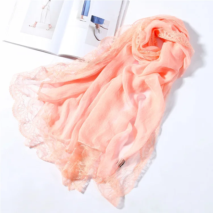 skin pink Qearlstar 204 см* 94 см супер роскошный длинный шифоновый шарф женский высококачественный разноцветный кружевной Шелковый пляжное Парео Пляжная шаль WSA110 - Цвет: skin pink