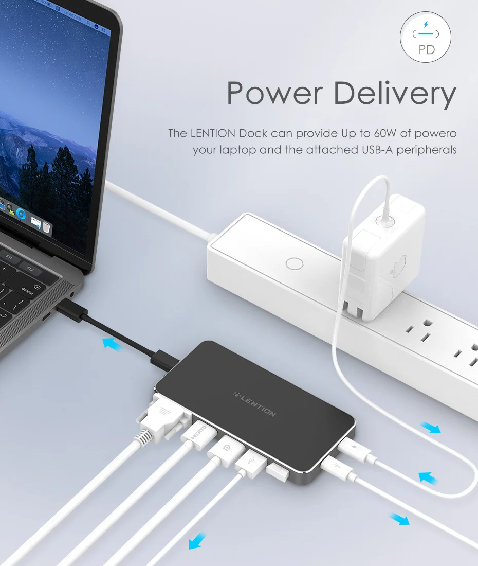 Lention USB-C портативная док-станция 1080P с 2 USB 3,0, HDMI+ DisplayPort+ VGA выход, type C данных+ адаптер для зарядки