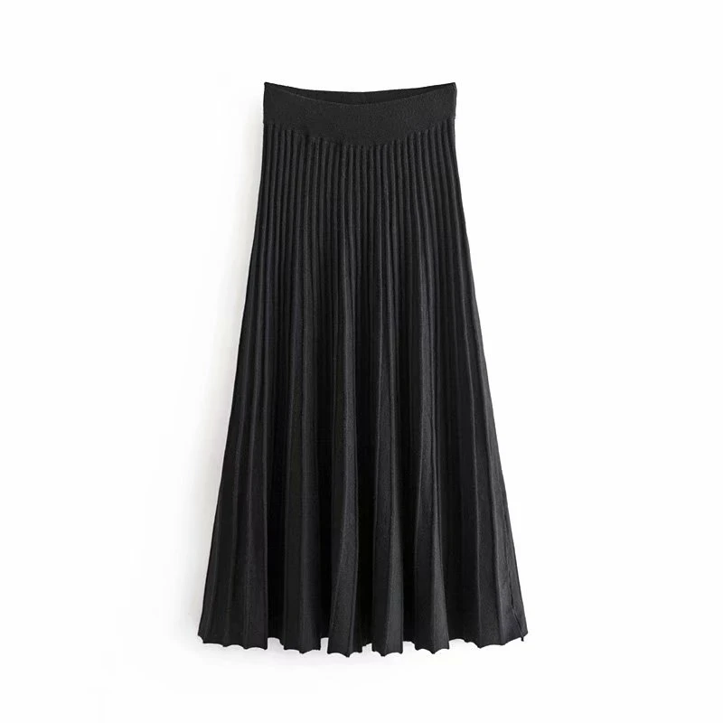 Women High Waist Knit Pleated Skirts Autumn Winter Bottoming Solid Color Party Long Skirts ZA6186