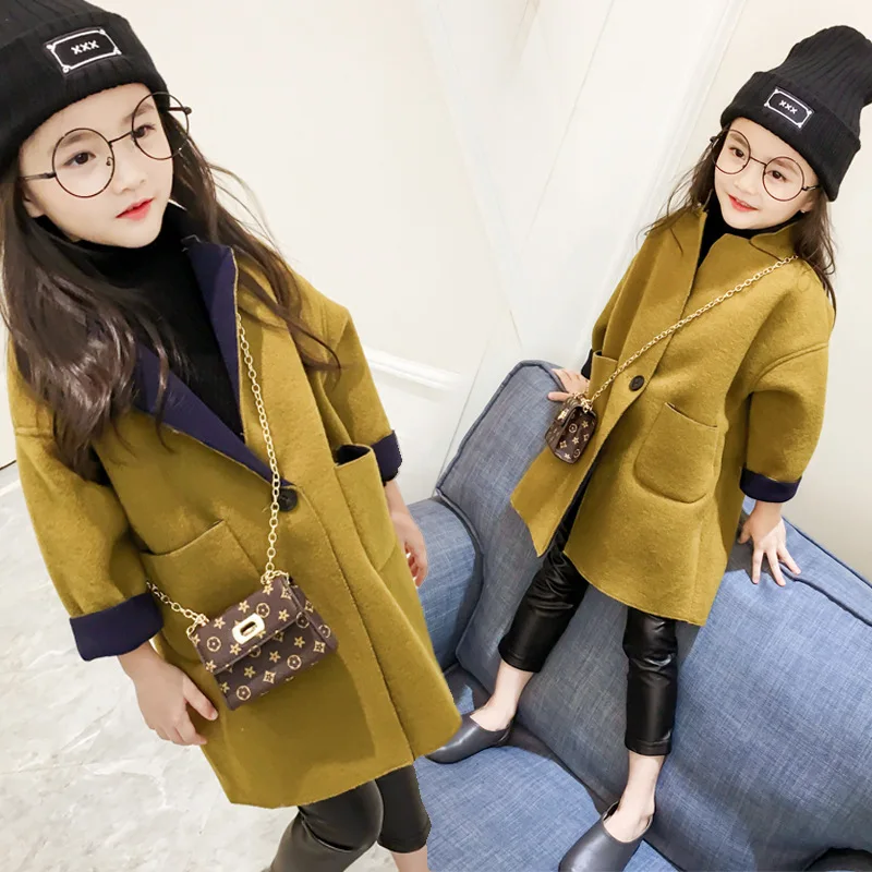 

2020 Spring New Style Korean-style Girls Mid-length Solid Color Coat Spring And Autumn Big Boy Woolen Coat CHILDREN'S Garment