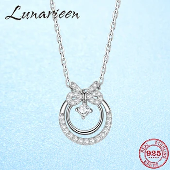 

Hot 925 Sterling Silver Chain Necklace Delicate bow round Pendant CZ Bowknot Silver Necklace for Women Fine Jewelry Femme