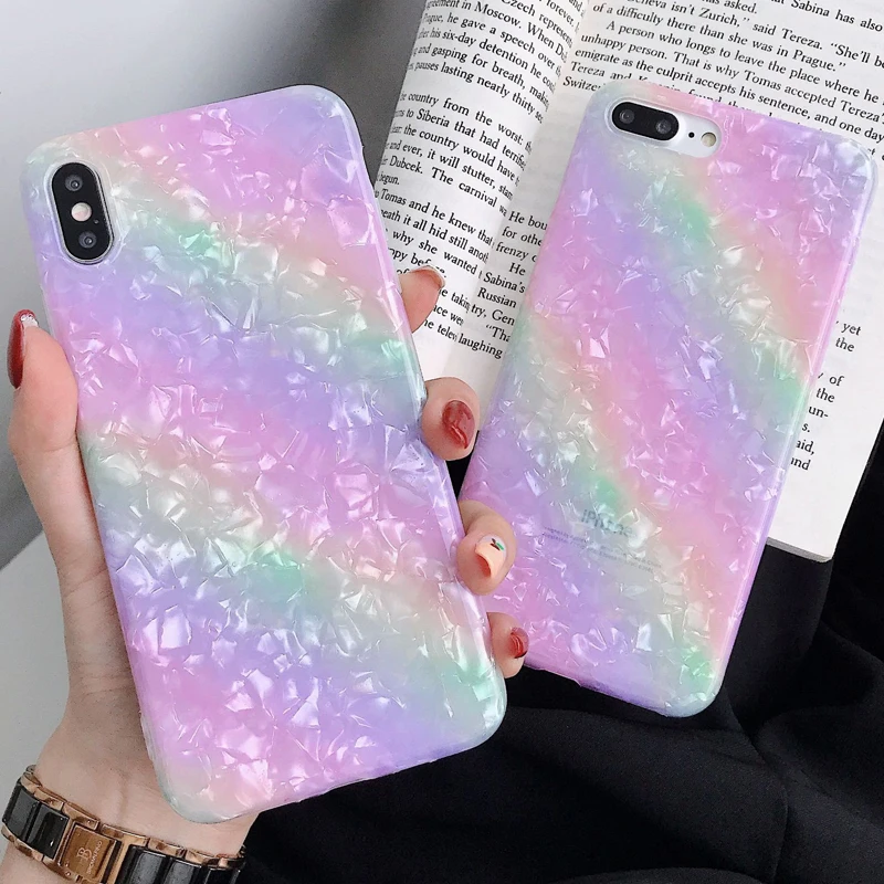 

Colorful Pattern Phone Case for iPhone 6 6s 7 8 Plus X Xs XR Xs Max Soft TPU Conch Shell Translucent Bling Back Cover