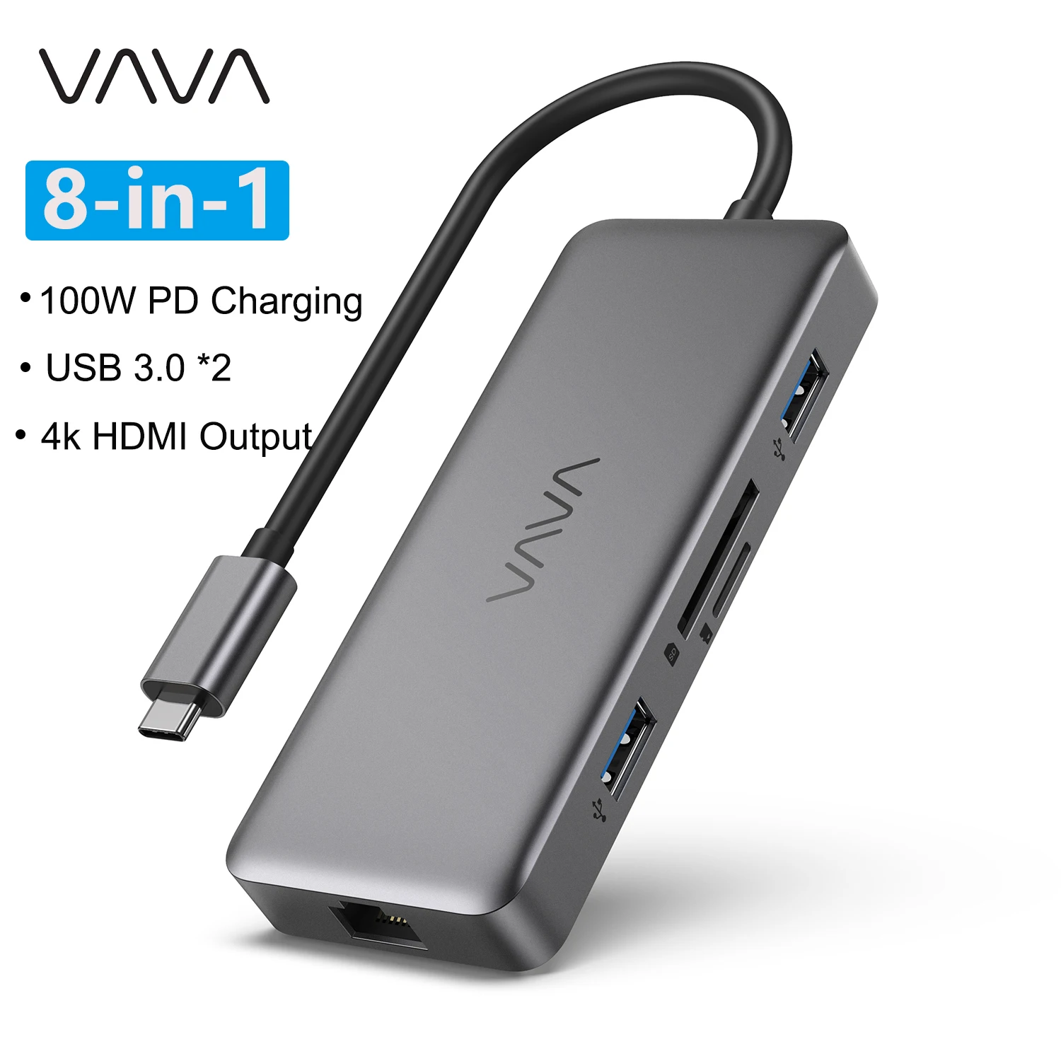 Адаптер VAVA 8-в-1 с 4K HDMI USB 3 0 кардридером для SD/TF-карт 100 Вт PD зарядным портом MacBook/Pro/Air