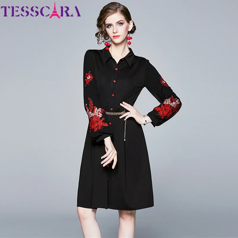 TESSCARA женское осеннее роскошное платье с вышивкой, женская рубашка, высокое качество, Коктейльные, вечерние, Ретро стиль, роковой дизайн, Vestidos - Цвет: Black