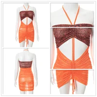 Summer Mini Patchwork Dress WoPleated Bodycon Bandage Dress Halter Sexy Party Dresses
