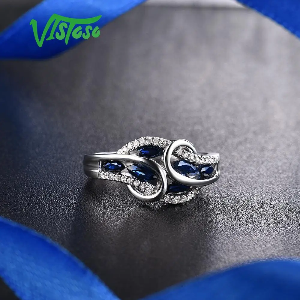 VISTOSO золотые кольца для женщин Подлинная 14K 585 кольцо из белого золота сверкающий алмаз натуральный голубой сапфир Роскошные модные ювелирные изделия