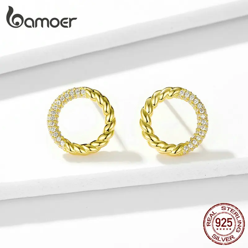 Bamoer 925 пробы серебряные круглые серьги-гвоздики для женщин золотого цвета свадебные ювелирные изделия Новинка Orecchini BSE295