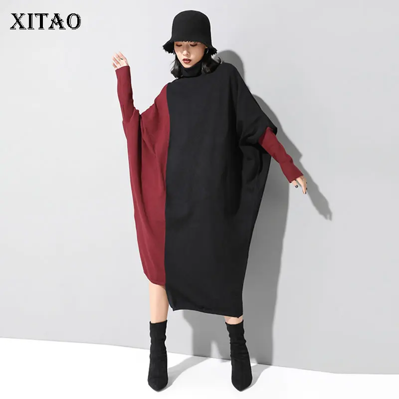 XITAO Pleated Irregular Hit Color Knitted Sweater Women Fashion Autumn Patchwork Batwing Sleeve Long Pullover GCC2132 | Женская одежда