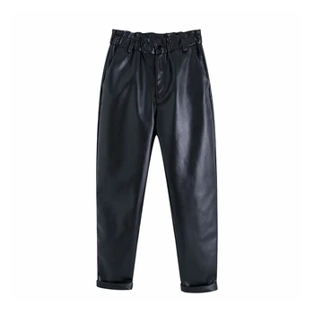 

Black Pu Leather Women Pants Elastic High Waist Chi Paperbag Pants Fashion Solid Faux Leather Trousers Pockets Bottoms