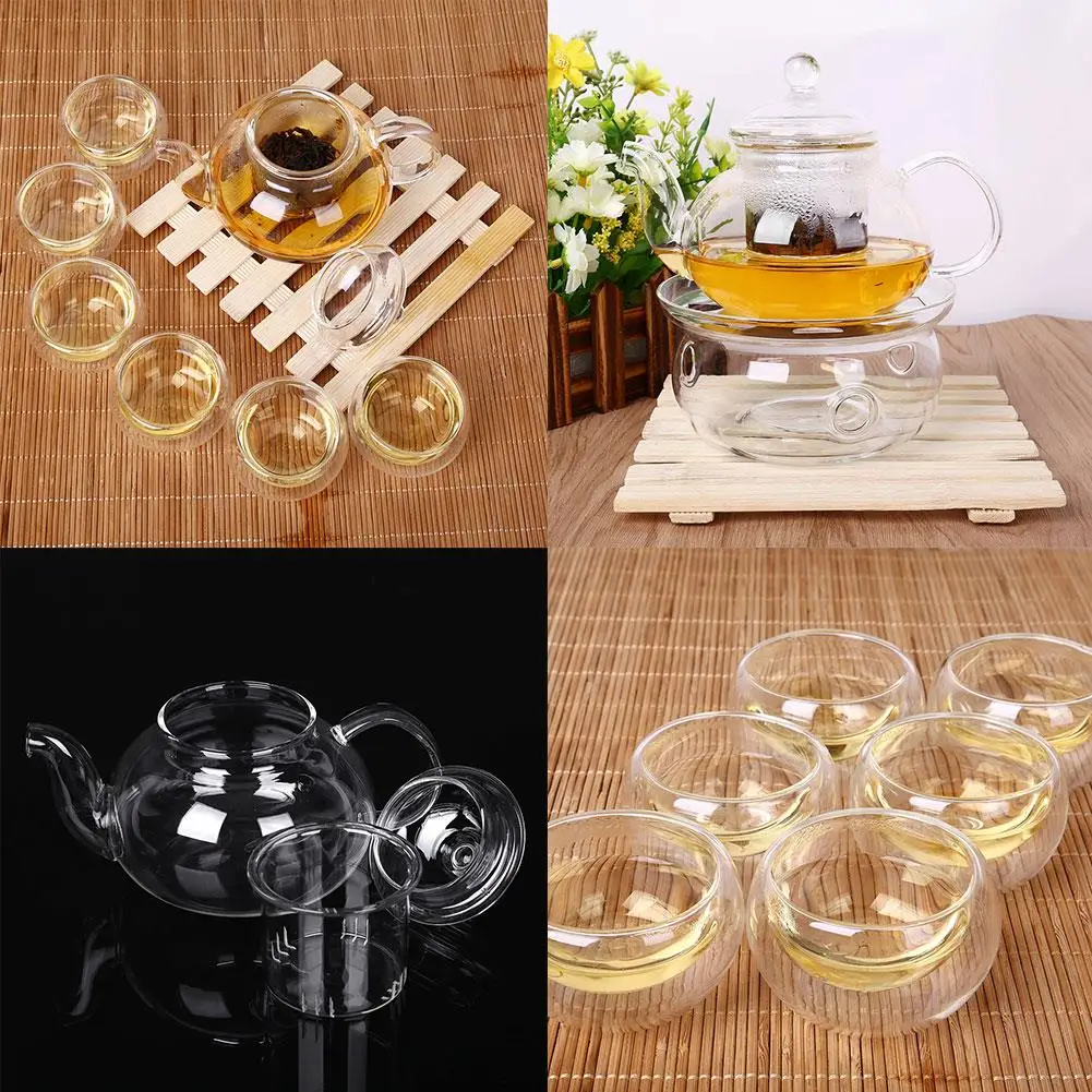 

Clear Glass 800ml Sarafe Set Tea Set Pot Heat Resistant Infuser Teapot+Warmer+6 Cup Double Wall W/ Borosilicate