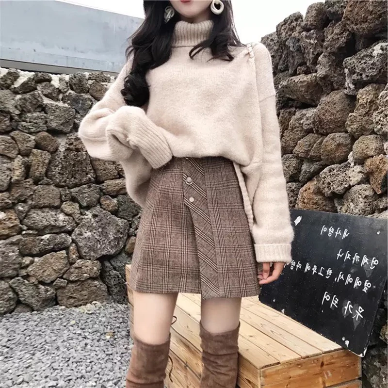 

2019 Vintage Knitted two piece set Women suits Turtleneck Sweater Tops + Woolen Mini Skirts Plus Size 2 piece set women outfits