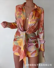 Robe chemise imprimée à lacets colorés pour femmes 